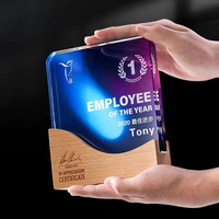 Nouvelle vente en bois Base bois cristal verre trophée prix avec Laser gravé ou Sublimation Logo personnalisé blanc cristal trophée Plaque