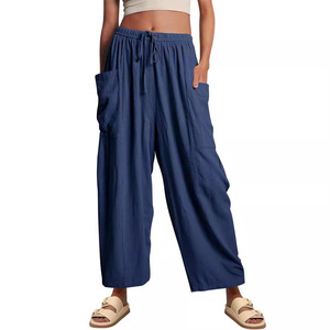Nuovi <span class=keywords><strong>Pantaloni</strong></span> Larghi da <span class=keywords><strong>Donna</strong></span> a Vita Alta con Pieghe, in Cotone e <span class=keywords><strong>Lino</strong></span>, con Elastico in Vita, Casual, per l'Estate 2026 - Product Image 3