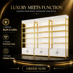 Custom <strong>Gold</strong> Metal Supermarket Display <strong>Shelving</strong> <strong>Unit</strong> with White Marble Finish and LED Lighting - 1 Piece MOQ - Product Image 6