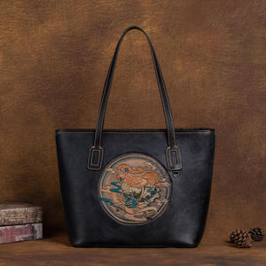 Sac à main en cuir de vache véritable Andong pour femmes, sac fourre-tout en cuir de vache gaufré, sac à bandoulière rétro noir pour femmes - Product Image 3