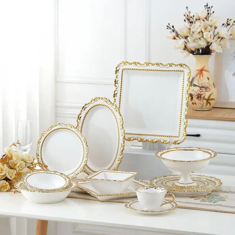 Service de vaisselle en céramique, 12 pièces, pour Restaurant, hôtel, européen, luxe, porcelaine, Premium, or blanc