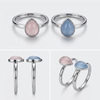 Bague en acier inoxydable avec pierre naturelle en forme de goutte d'eau, bague en quartz rose/ambre marine en forme de larme, vente en gros directe d'usine OEM ODM