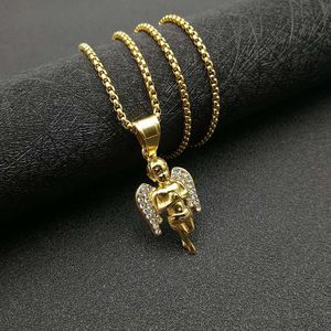Collier pendentif ange hip-hop en acier inoxydable plaqué or avec ailes serties pavé, bijou unisexe, cadeau - Product Image 4