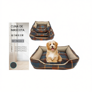 Set di Tre Cuscini Quadrati in Lino a Quadretti Blu per Animali Domestici - Product Image 2