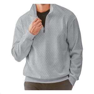 เสื้อสเวตเตอร์วาฟเฟิลมีซิปสำหรับผู้ชายเสื้อสเวตเชิ้ตโปโลแบบสวมหัวแขนยาวลำลองสีพื้นลายเรขาคณิต - Product Image 2