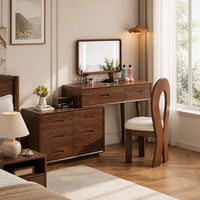 Coiffeuse en bois massif avec miroir LED rectangulaire rétractable, 8 tiroirs de rangement et chaise assortie