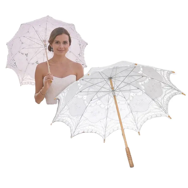 Paraguas de celebración de boda novia dama de honor colores ahueca hacia fuera mango de madera paraguas de encaje