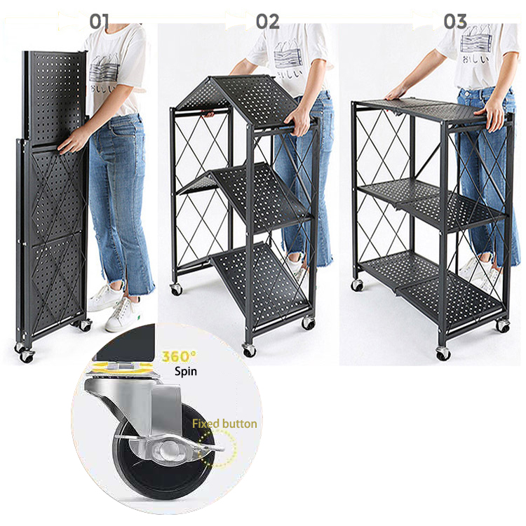 Bathroom Shelf Storage Foldable Microwave Oven Display Shelf With Wheels Folding Storage Rack Kitchen Organizer Shelf