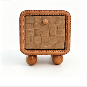 Table de chevet cube de style rétro français |   Cadre à bobines perlées |   Tiroir en corde tressée à la main |   Pieds de meuble en bois massif |   Tiroir simple - Product Image 3