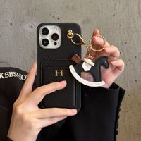 Étui de téléphone DYL pour 17 Pro Max, style streetwear mince, antichoc, avec porte-cartes, motif cheval à bascule, portefeuille mignon en cuir véritable