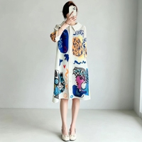 Robe chemise plissée Miyake pour femme, grande taille, taille unique, imprimé visage abstrait Pop Art, boutonnée, longueur genou, vente en gros