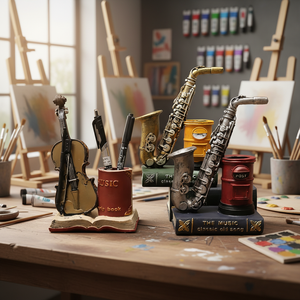 Décoration de bureau/table en résine mignonne, écologique, figurine peinte à la main avec <span class=keywords><strong>saxophone</strong></span>, violon, porte-stylo, accessoires - Product Image 6