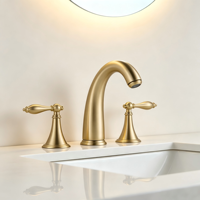 Robinet de lavabo européen en laiton massif à double poignée et trois trous, finition céramique or brossé, eau froide et chaude, jet doux et colonne fine