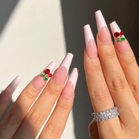 Uñas Postizas Largas Estilo Ataúd, 24 Piezas, Color Nude Blanco Francés, con Pedrería Roja Cereza 3D, Brillantes, para Mujer, Uso Diario y Fiestas de Verano