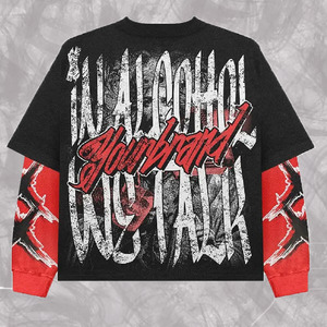 T-shirt Oversize con Stampa Grafica Personalizzata Effetto Consumato, Ricamo, Vestibilità Regolare, Lavaggio Acido, Maniche a Doppio Strato Patchwork - Product Image 6