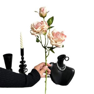 Bouquet de roses artificielles à 3 têtes, fleurs en soie à bords brûlés, arrangement pour la décoration de la maison et des mariages - Product Image 3