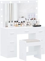 Table de maquillage moderne en bois blanc pour chambre et salle de bain avec miroir réglable, lumières LED, 7 tiroirs et tabouret pour femmes