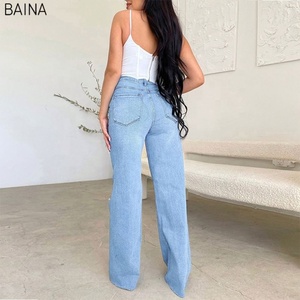 Pantalones <span class=keywords><strong>de</strong></span> pierna ancha sueltos informales con agujeros <span class=keywords><strong>rotos</strong></span> y cintura alta para <span class=keywords><strong>mujer</strong></span> al por mayor - Product Image 3