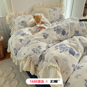 Korean-Style Floral Milk Fleece Four-Piece <b>Bedding</b> <b>Set</b> With Lace Trim Princess Style Double-Sided Warm Autumn Winter Use - Product Image 3