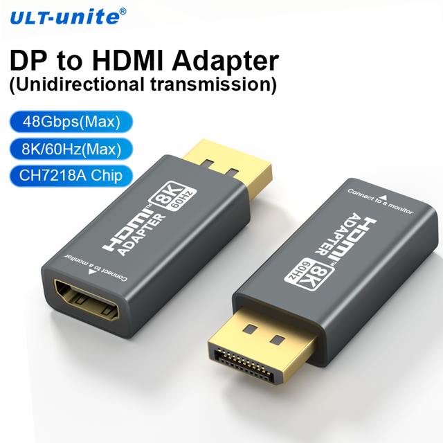 ULT-unite 8K 60Hz DP Source to HDMI Monitor Adapter Unidirectional Transmission for Graphics Card Desktop Laptop Projector