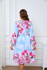 <b>Plus</b> <b>Size</b> Women's Temperament Dress V-neck Long Sleeve Printed Midi Skirt - Product Image 3