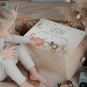 Boîte à souvenirs en bois à imprimé animalier avec couvercle, <span class=keywords><strong>coffre</strong></span> de rangement personnalisé pour la naissance, le baptême, la fête prénatale et les anniversaires - Product Image 4