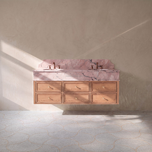 Lavabo de Mármol Rosa Natural, Mueble de Baño de Madera Maciza con Doble Lavabo, Mueble de Baño Colgante de Pared con Mármol Rosa - Product Image 1
