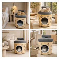 Tabouret-lit pour animaux de compagnie 2-en-1 en bois massif écologique avec coussin en peluche et découpe florale, petit et amovible