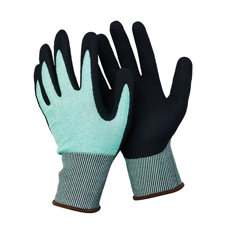 Hppe Knitted Sandy Nitrile Coated Cutting Resistant Safety Gloves