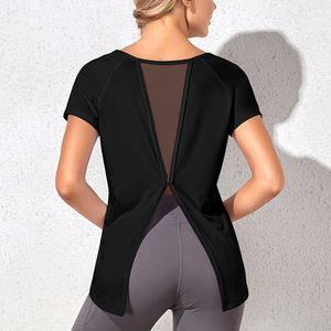 Nuevo Stock camiseta Fitness <span class=keywords><strong>mujer</strong></span> Color sólido cuello redondo Delgado transpirable malla Yoga correr manga corta Camiseta Tops - Product Image 4