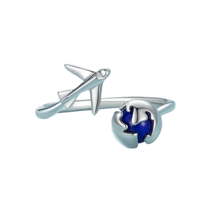Anello Aperto Regolabile da Donna in Argento Sterling S925 con Globo Terrestre e Aeroplano, Gioielli da Dito per Donna - Product Image 3