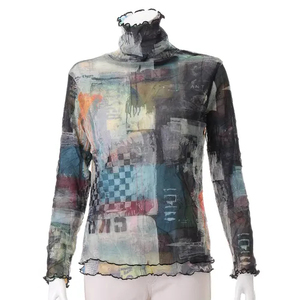 Chemise en mousseline de soie ample à manches longues, chemise à revers réversible à imprimé en ligne, chemise brodée - Product Image 3