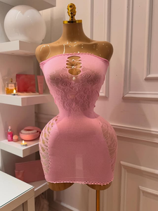 ชุดชั้นในถักนิตติ้งเซ็กซี่สำหรับผู้หญิงขายส่ง สีชมพู ทรงเข้ารูป โชว์เนื้อผ้าตาข่าย ชุดบอดี้สูทเดรสสั้น ชุดมินิเดรสตาข่าย - Product Image 5