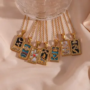 Vintage Colorful Enamel Moon Sun Square Pendants Tarot Card Rectangular Dripping Necklace For Women