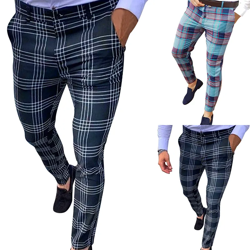 Men Dress Pants Plaid Printed Fashion Men Trouser for Male Casual Skinny Pencil Pants