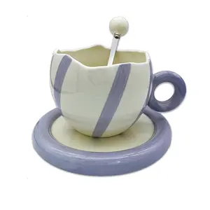 Eggshell Porcelain Gift Tea Cup and Saucer Sets Creative Irregular Handmade Cup Porcelain Cappuccino Mugs with Spoon
