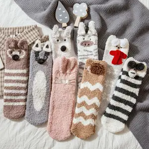 Women Winter Coral Fleece Floor Socks Animal Design Socks Pom Pom Warm Sleep Fuzzy Socks Wholesale