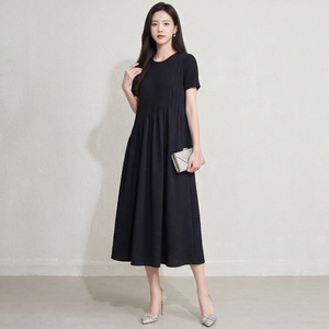 Robe plissée décontractée pour femme PY, kaki clair texturé, élégante, à manches courtes, évasée, longue, vente en gros pour bazar - Product Image 1