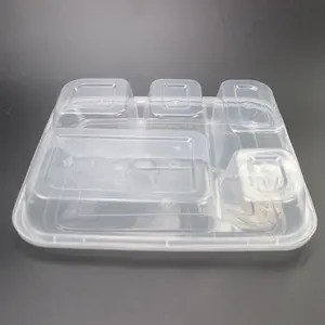 Lunchbox mit fünf Fächern Einweg-Plastik geschirr 214mm lange PP-Kunststoff box mit klarem Deckel