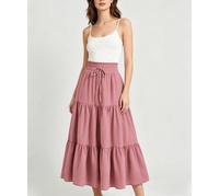 Jupe longue mi-mollet évasée à taille haute pour femme, avec cordon élastique et volants, couleur unie, idéale pour l'été et les occasions décontractées ou de vacances
