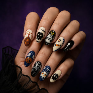 Ongles à presser Halloween, peints à la main, couvrance totale, pré-dessinés, courts à moyens, en acrylique, pour manucure de fête - Product Image 2