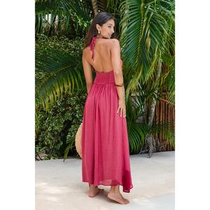 Vestido largo rojo con cuentas, cuello halter y espalda descubierta, estilo elegante para banquetes - Product Image 2