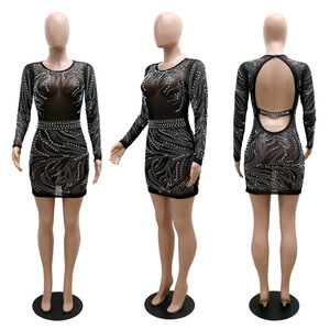 Robe de soirée sexy pour femme à manches longues en maille translucide perlée, tendance - Product Image 6
