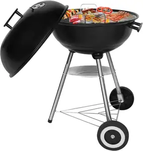 Custom Bbq Koken Roker Draagbare Houtskool Bbq Ronde Deksel Dubbele Wielen Barbecue Buiten Rookloze Zilveren Houtskool Grill Kachel