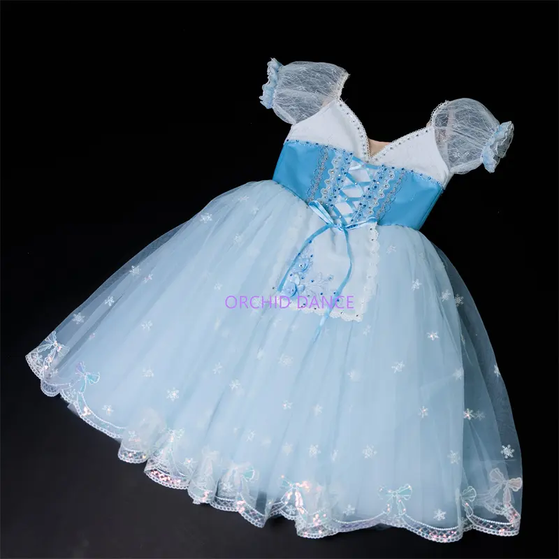 Fancy Professional Custom Size Kids Girls Peasant Gilsay Ballet Dance Performance Wear Costumes Long Blue Romantic Tutu Dress