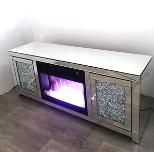 Soporte de TV Moderno con Espejo y Diamantes Triturados, Chimeneas Eléctricas Decorativas con Calefactor - Product Image 1