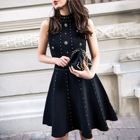 Robe de soirée élégante pour femme, sans manches, avec perles, col rond, couleur unie, sexy, mini-robe noire pour club