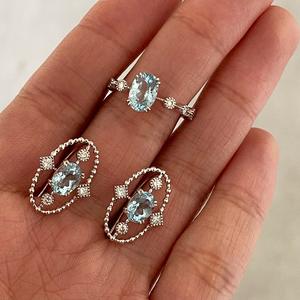 Ensemble de bijoux fins en argent pur S925, style rétro français, bague et boucles d'oreilles en diamant bleu marine avec un design de niche en dentelle, style vintage de luxe - Product Image 5