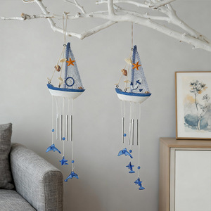 โมบายลมรูปเรือใบสไตล์ทะเล พร้อมปลาโลมาและเปลือกหอย ของตกแต่งบ้านสำหรับใช้ภายในและภายนอกอาคาร - Product Image 1