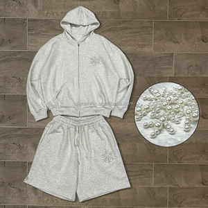 Custom Streetwear Pearl Sweatsuit Heavyweight Rhinestone Double <b>Zip</b> <b>up</b> <b>Hoodie</b> and Shorts Set Oversized Baggy Tracksuits Men - Product Image 1